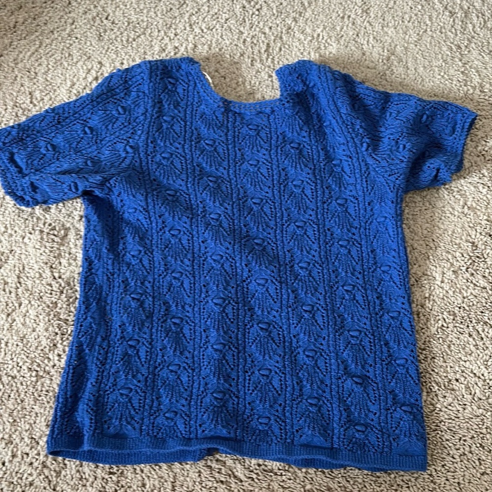 Sezane Cobalt Blue Knit Button-Front Short Sleeve Top - Picture 3 of 5